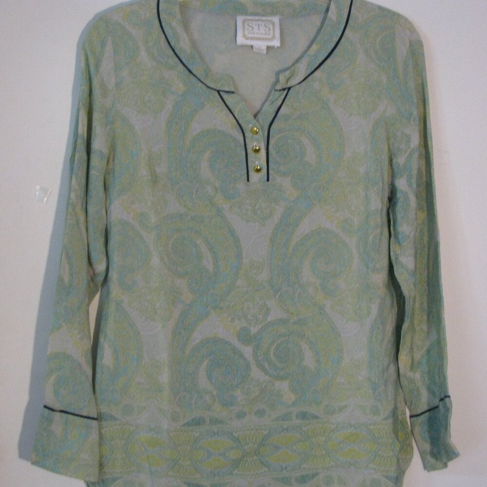 Sail to Sable Blouse Small Green Blue Paisley 100% Silk Lightweight